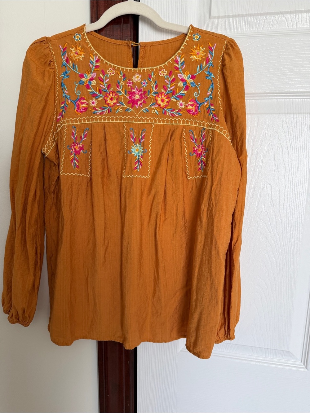 Embroidered Boho Long-Sleeve Top in Mustard
